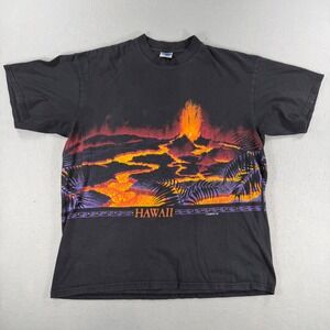 Vintage 1992 Hawaii Volcano T Shirt Cygnus Mens Large Black All Over Print 90s